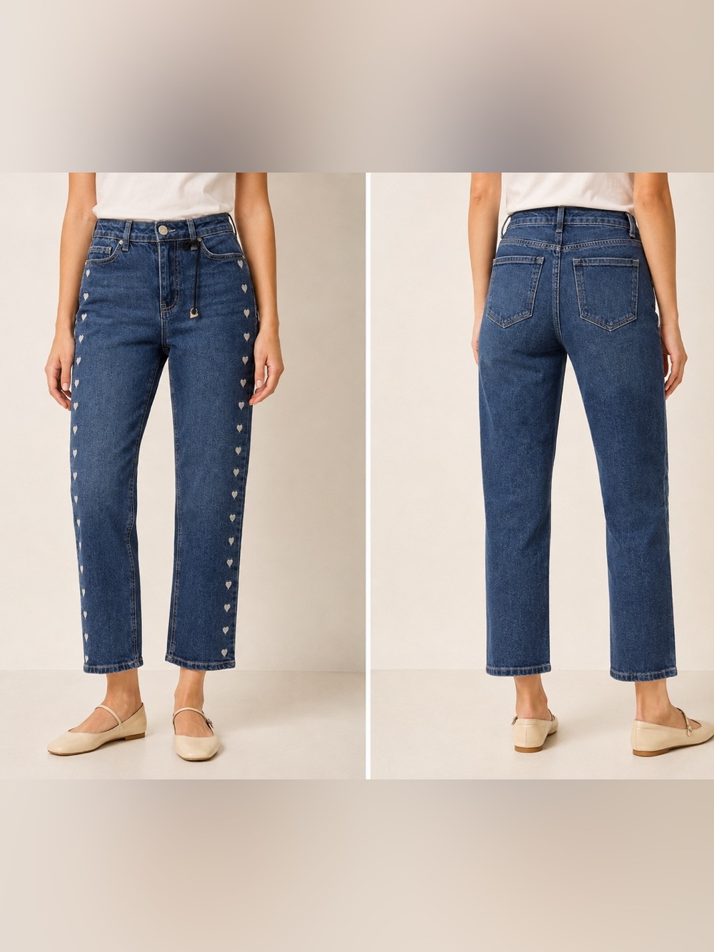 Straight-Leg High-Rise Jeans with Heart Side Detail - Blue